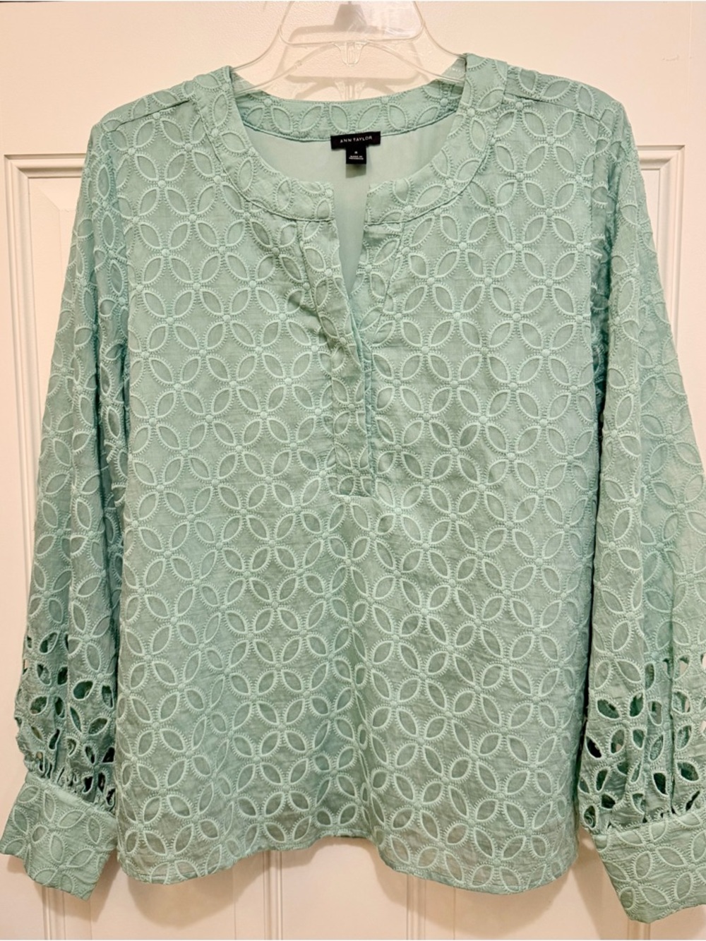 Ann Taylor Light Mint Green Eyelet Split-Neck Blouse